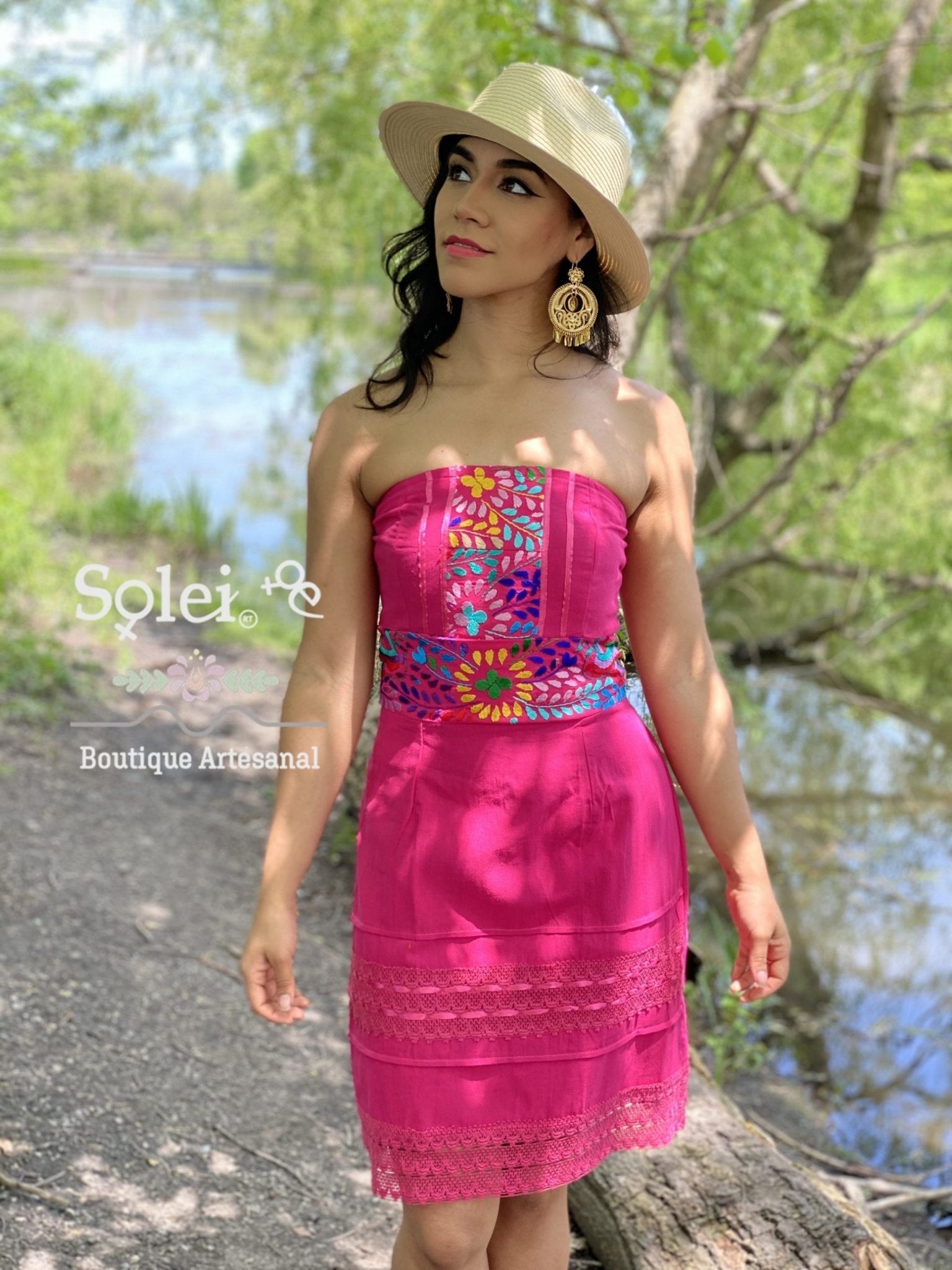 Mexican Floral Strapless Dress. Artisanal Mexican Dress. Colorful Embroidered Dress. - Solei Store
