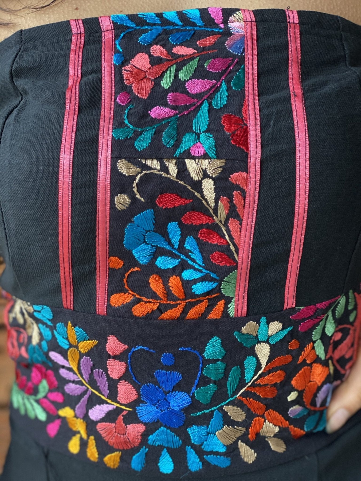 Mexican Floral Strapless Dress. Artisanal Mexican Dress. Colorful Embroidered Dress. - Solei Store