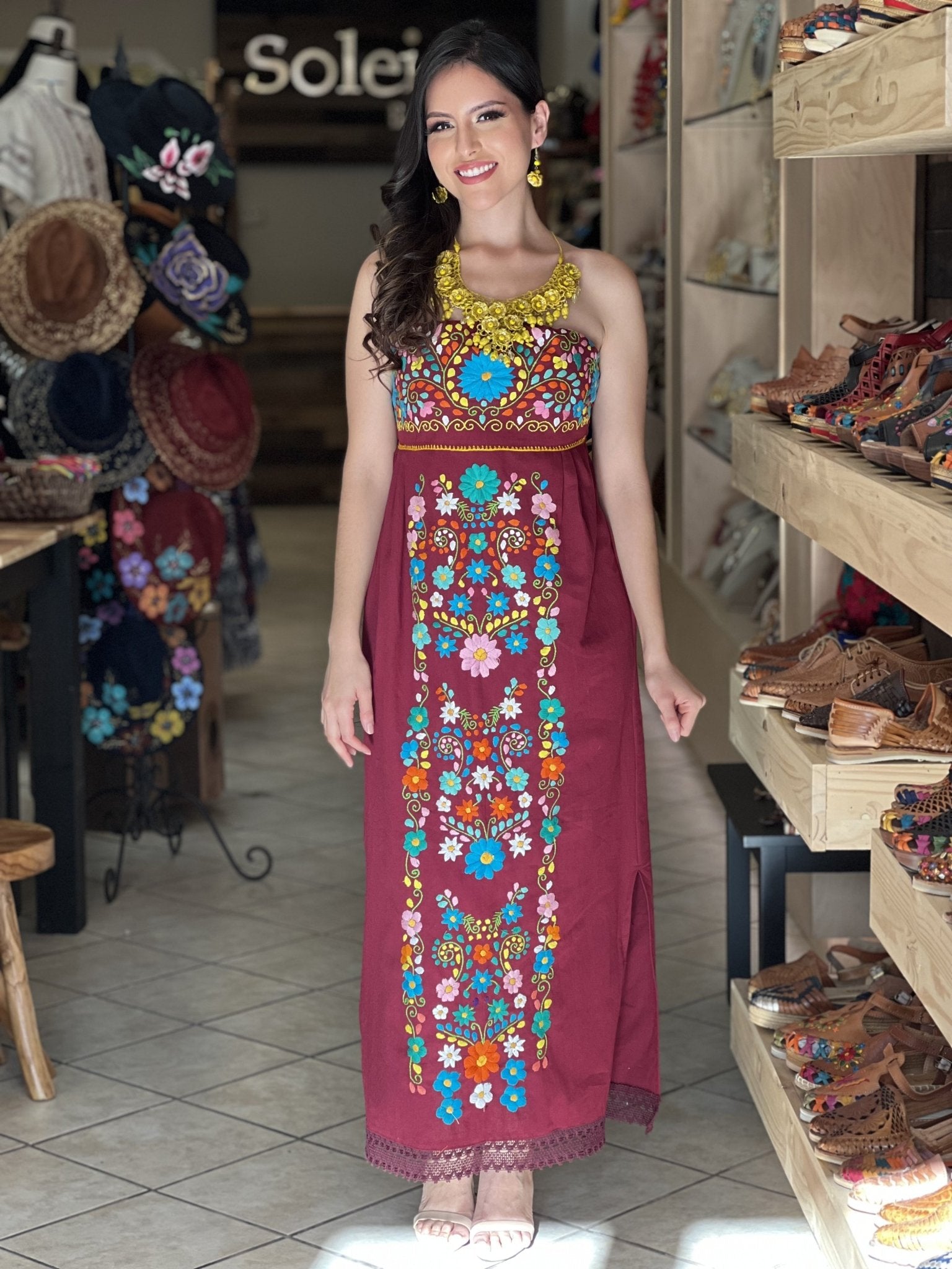 Mexican Floral Strapless Dress. Hand Embroidered Mexican Dress. Mexican Party Dress. Leonor Dress. - Solei Store