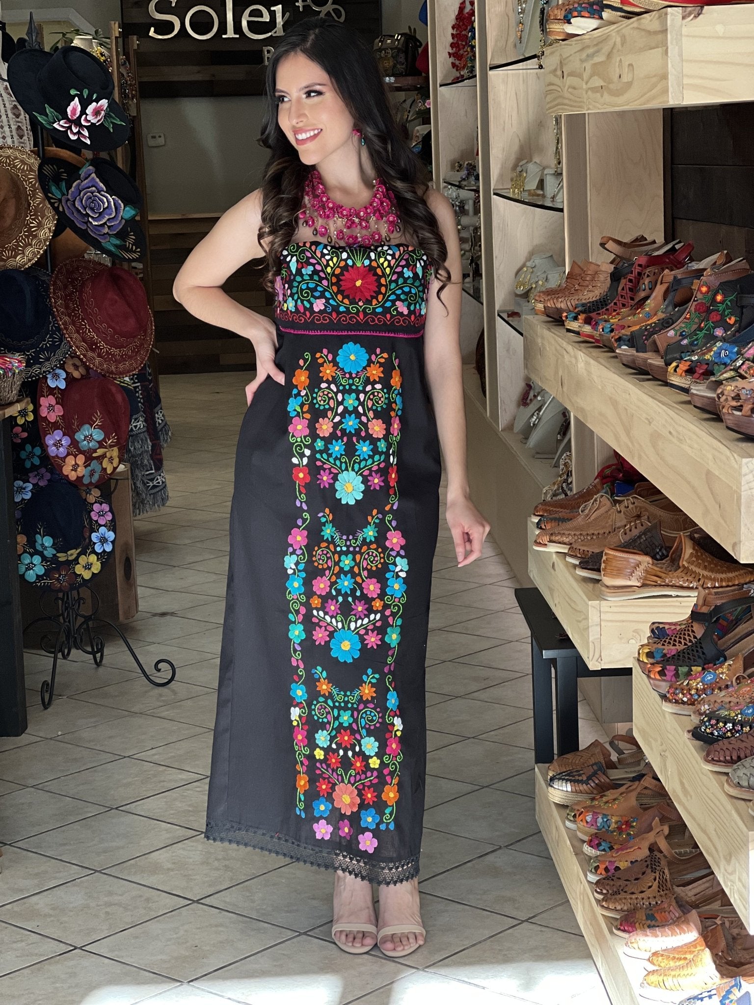 Mexican Floral Strapless Dress. Hand Embroidered Mexican Dress. Mexican Party Dress. Leonor Dress. - Solei Store