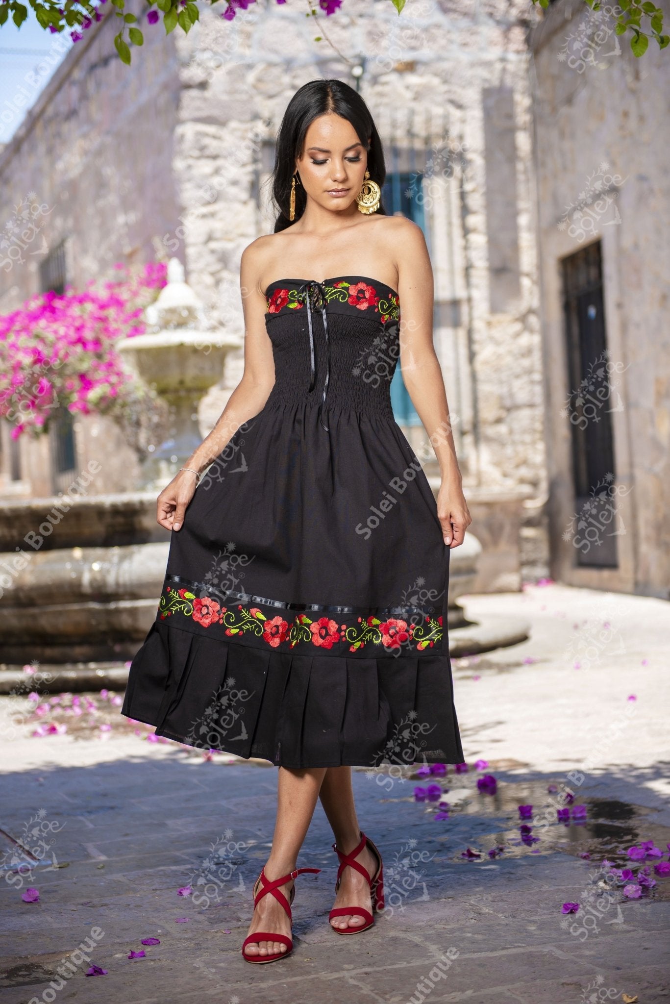 Mexican Floral Strapless Embroidered Dress in Black with Red embroidery