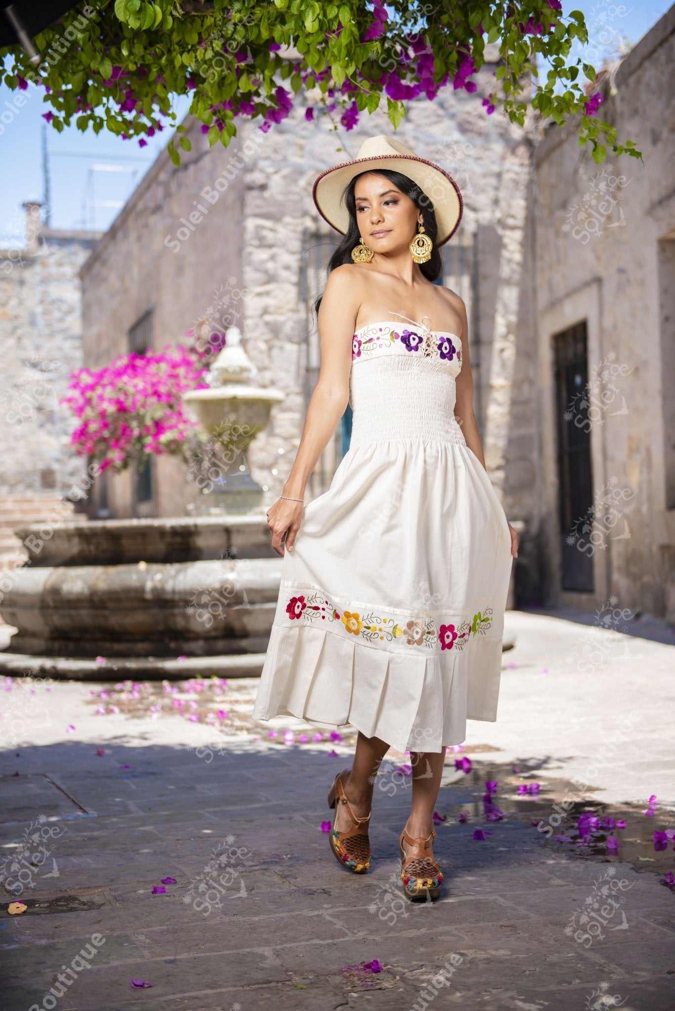 Mexican Floral Strapless Embroidered Mexican Dress in Beige with multicolor embroidery