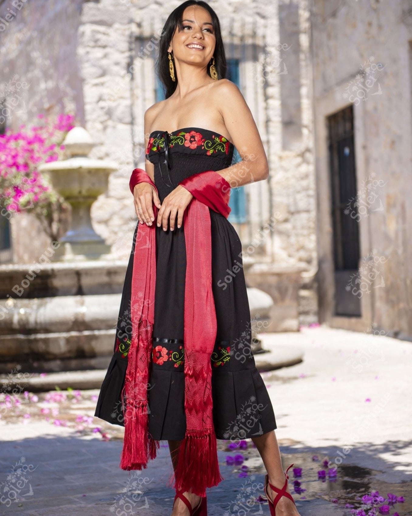 Mexican Floral Strapless Embroidered Dress in Black with Red embroidery