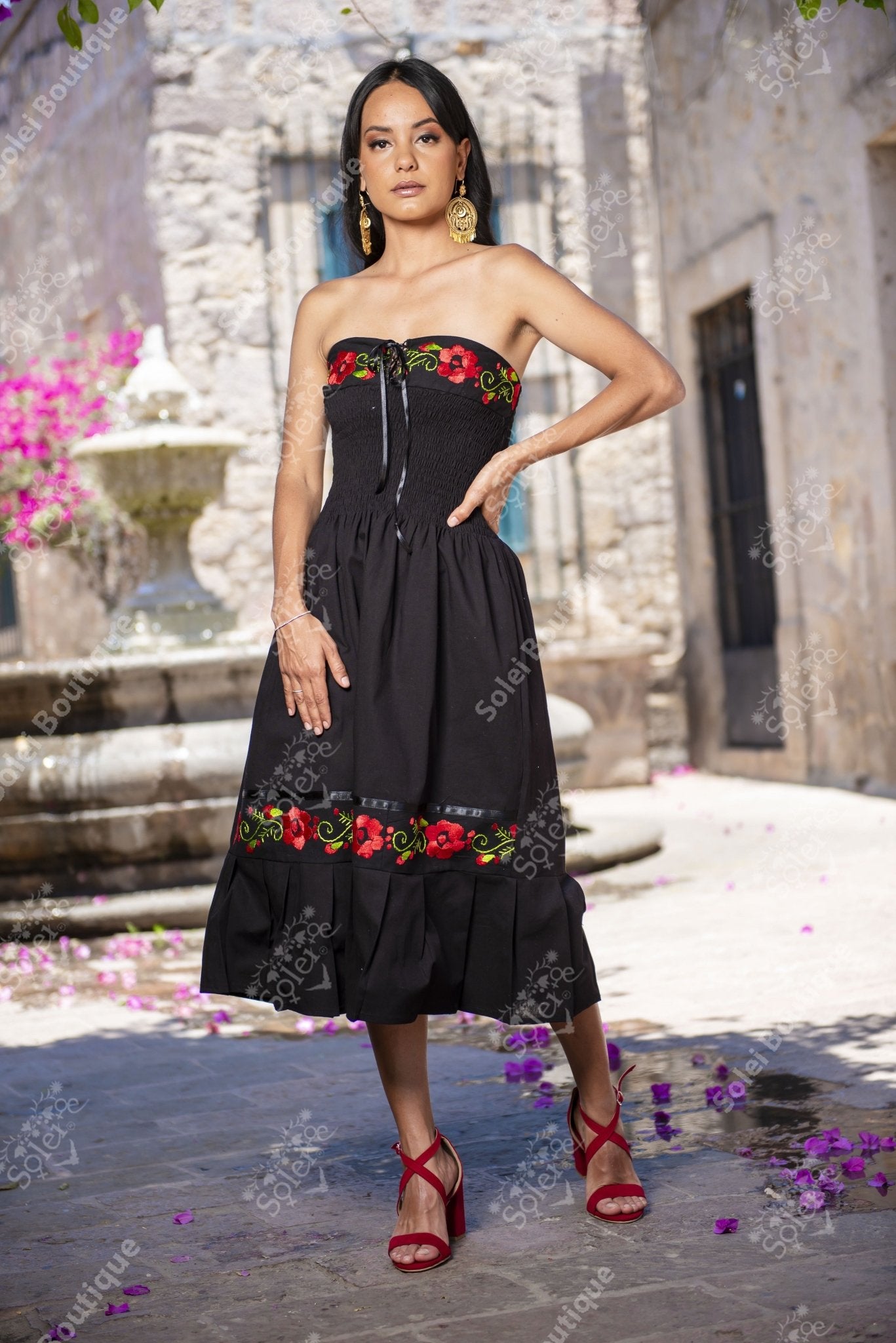 Mexican Floral Strapless Embroidered Dress in Black with Red embroidery