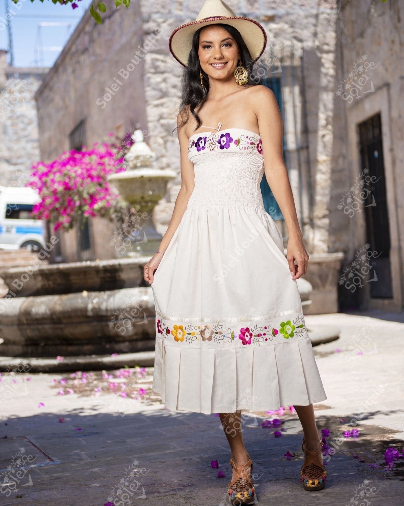 Mexican Floral Strapless Embroidered Mexican Dress in Beige with multicolor embroidery