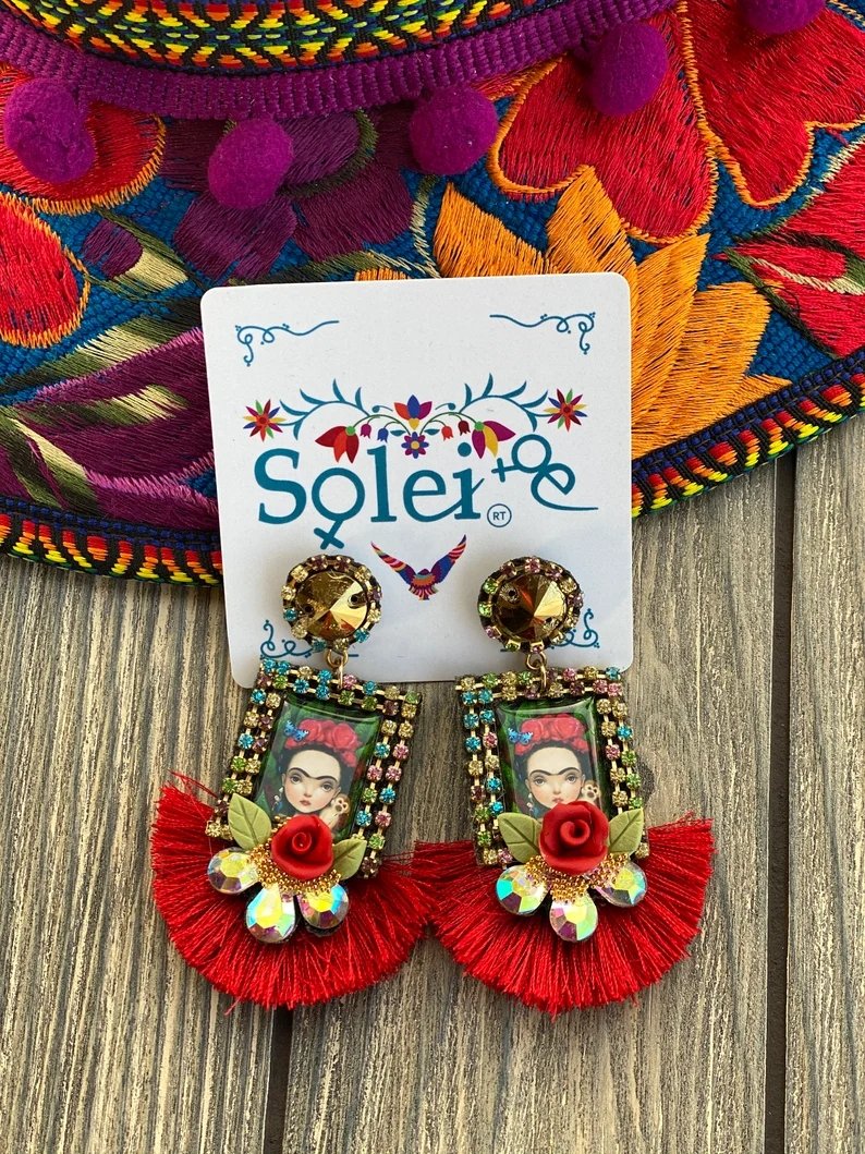 Mexican Frida Kahlo Earrings. Mexican Artisanal Earrings. Aretes Kahlo - Solei Store