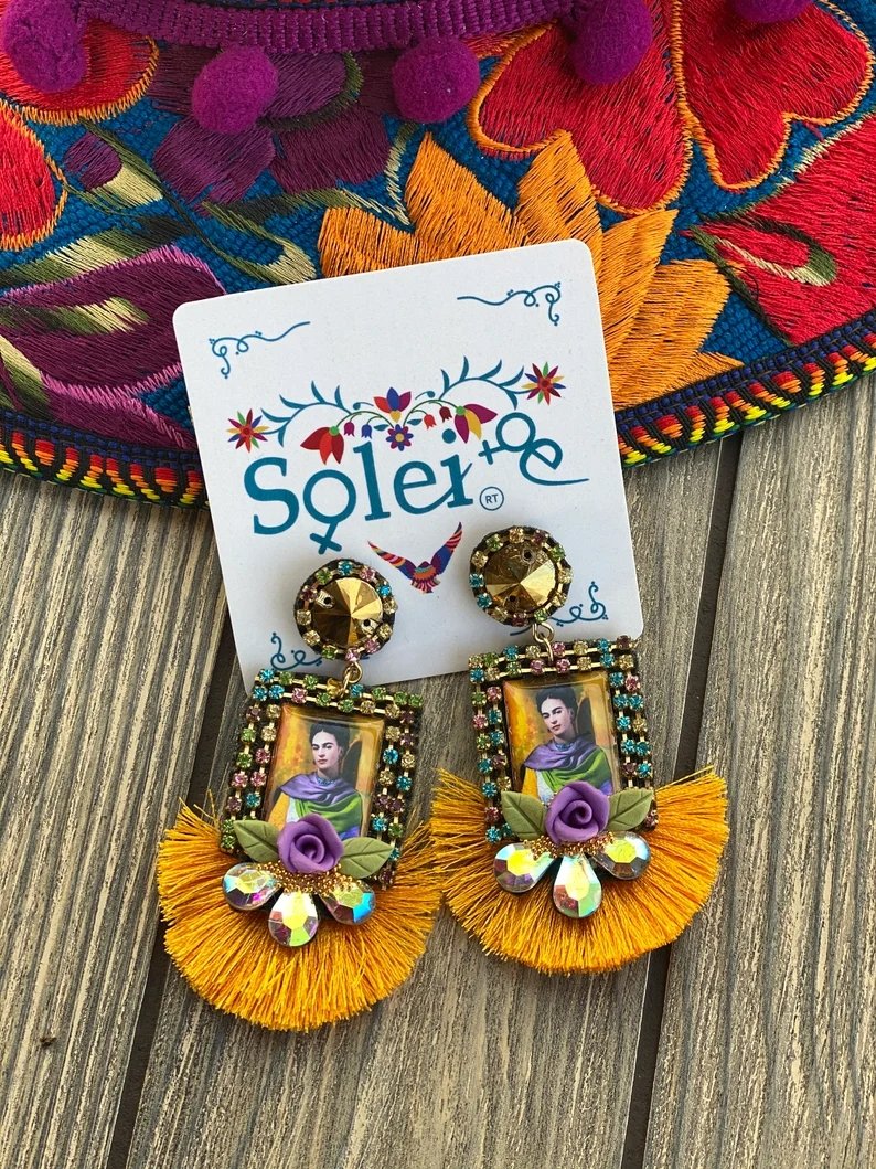 Mexican Frida Kahlo Earrings. Mexican Artisanal Earrings. Aretes Kahlo - Solei Store