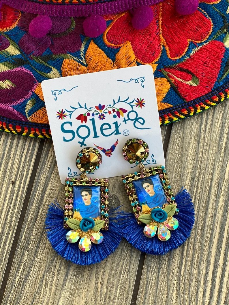 Mexican Frida Kahlo Earrings. Mexican Artisanal Earrings. Aretes Kahlo - Solei Store