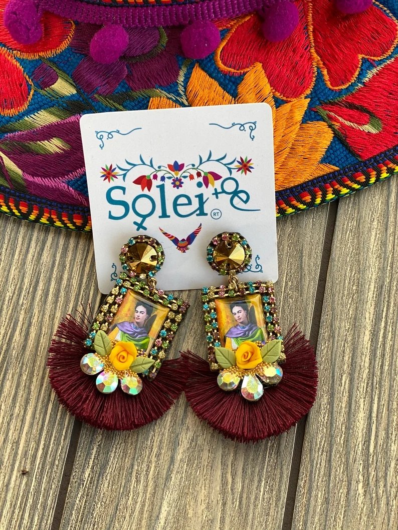 Mexican Frida Kahlo Earrings. Mexican Artisanal Earrings. Aretes Kahlo - Solei Store