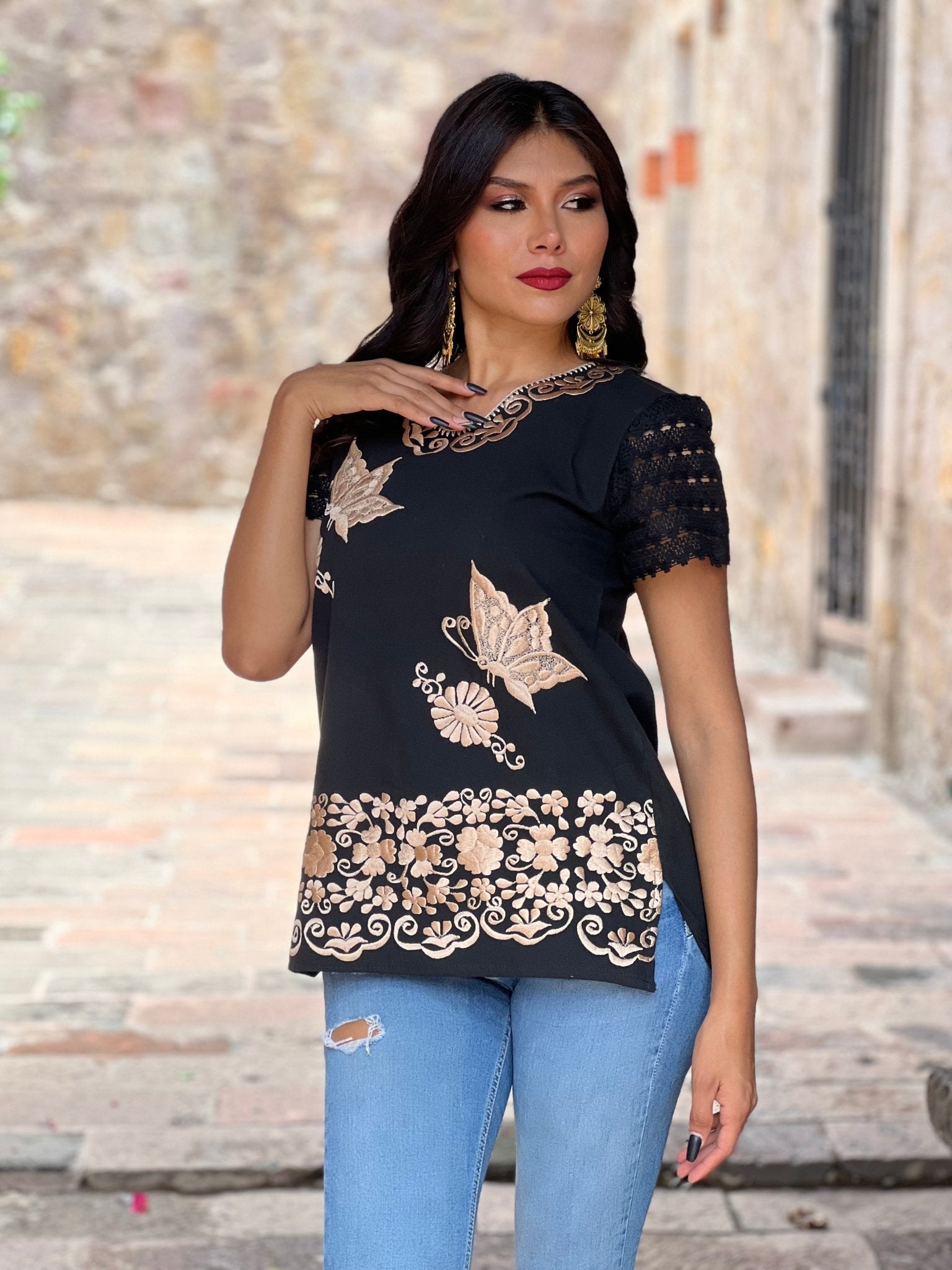 Mexican Golden Butterfly Blouse. Mariposa Dorada Blouse. - Solei Store