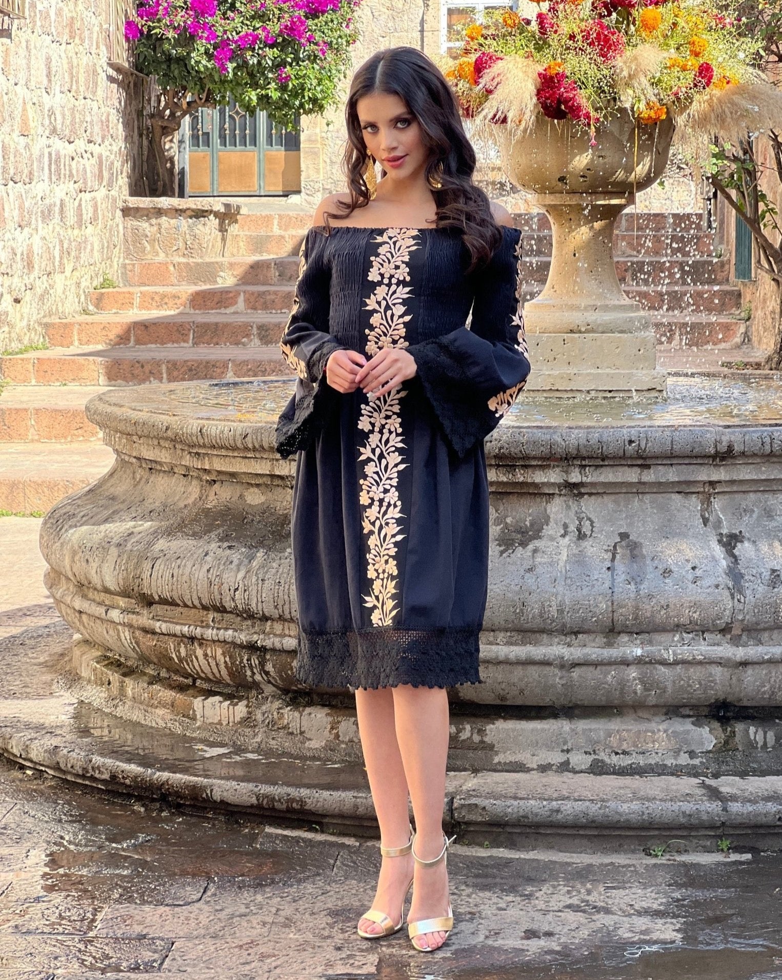 Mexican Golden Embroidered Bell Sleeve Dress in Black with gold embroidery