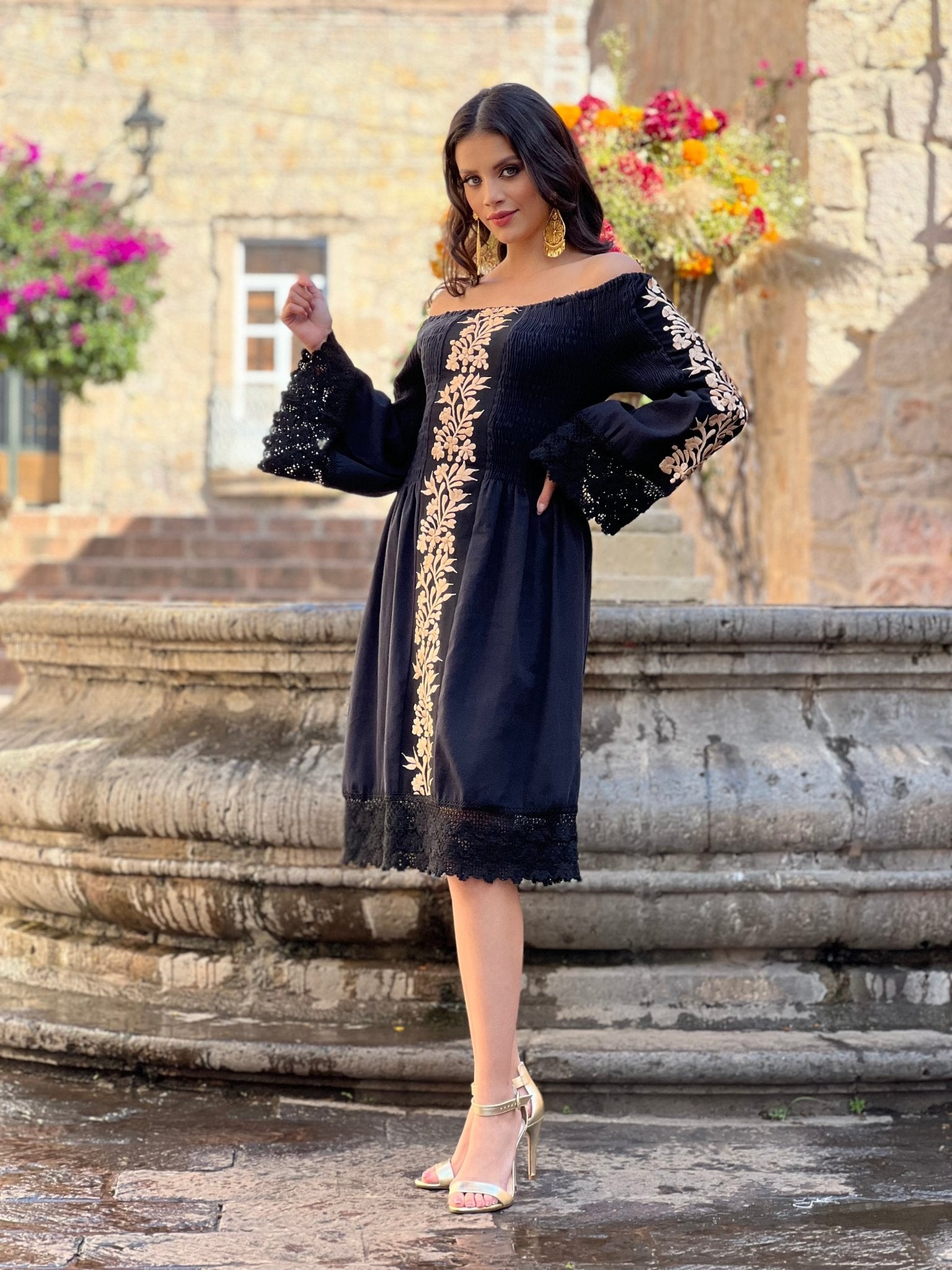 Mexican Golden Embroidered Bell Sleeve Dress in Black with gold embroidery