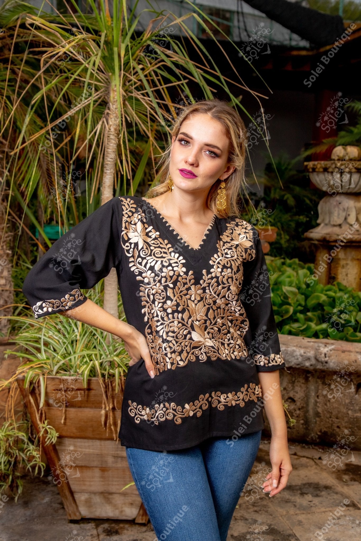 Mexican Golden Embroidered Blouse. Elegant Mexican Blouse. Sara Blouse. - Solei Store
