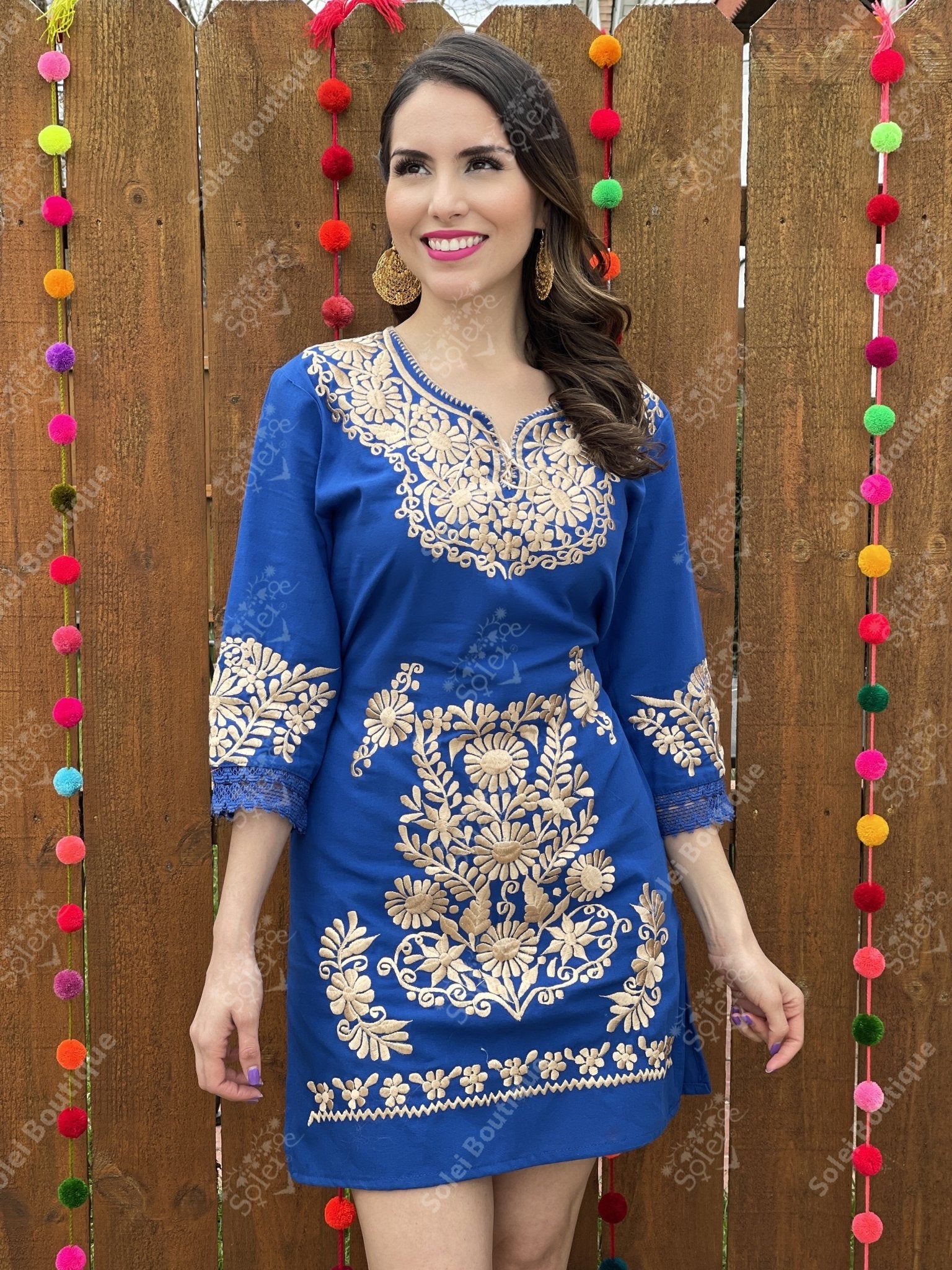 Mexican Golden Embroidered Dress. Kimono Deluxe. - Solei Store