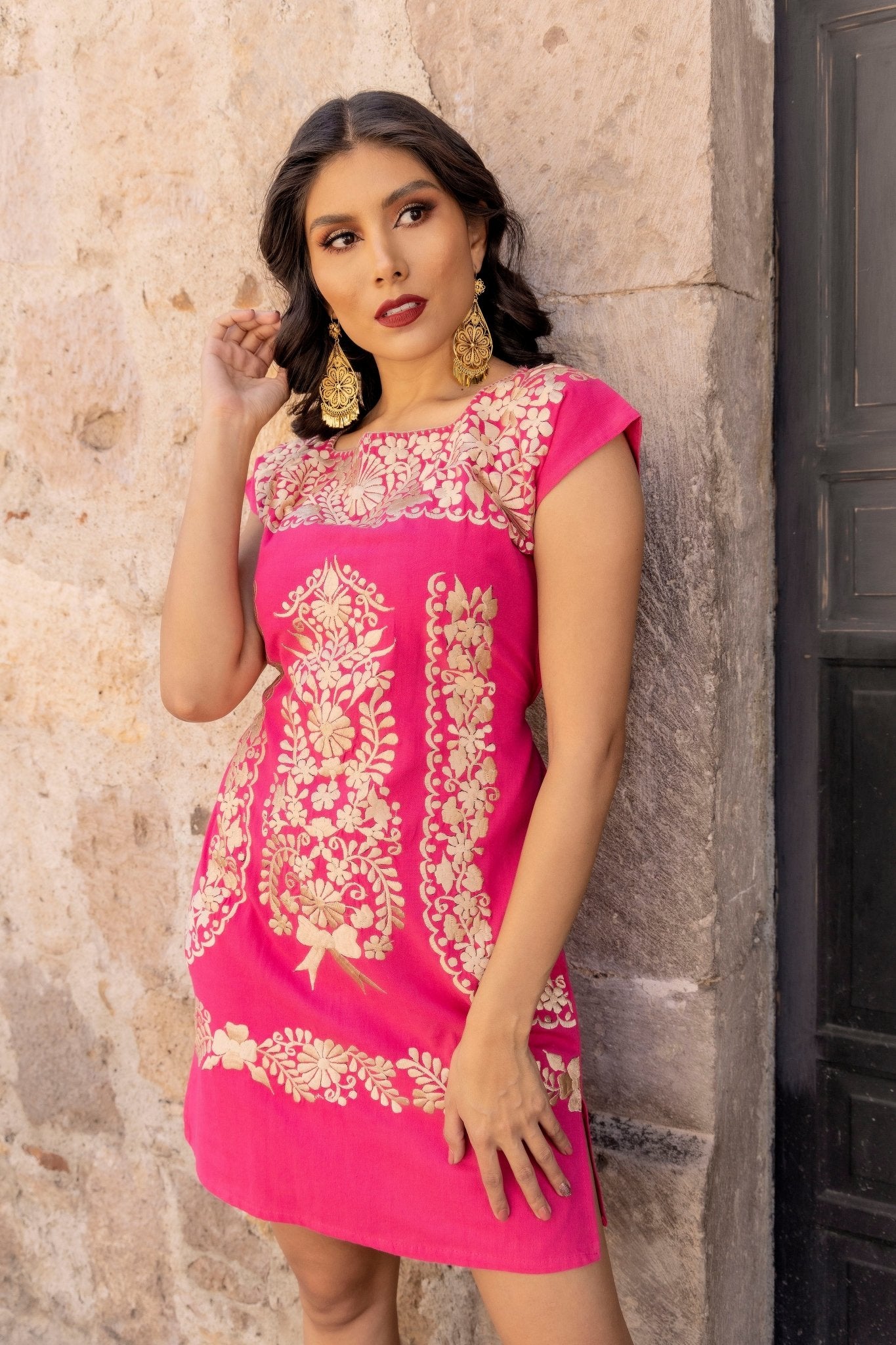 Mexican Golden Embroidered Dress in  Fuchsia