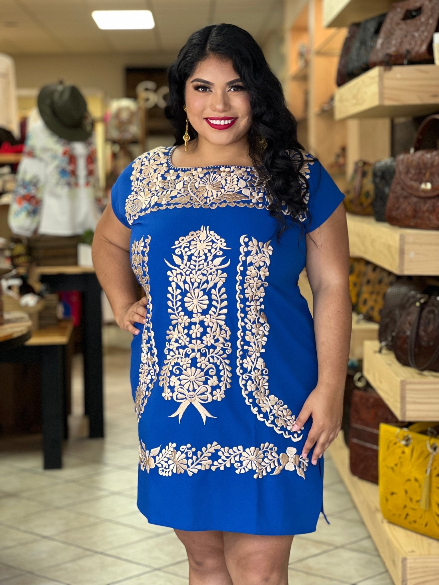 Mexican Golden Embroidered Dress in  Royal Blue