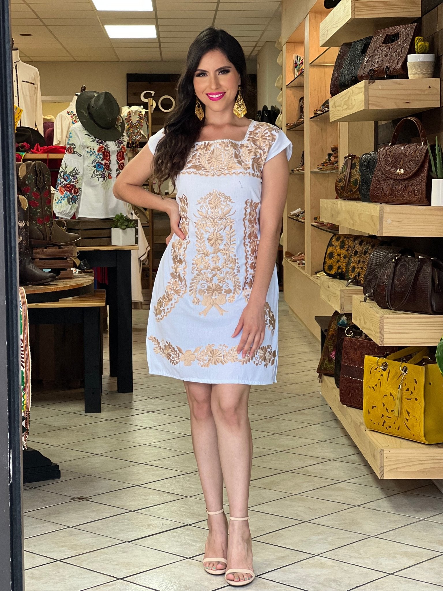 Mexican Golden Embroidered Dress in White