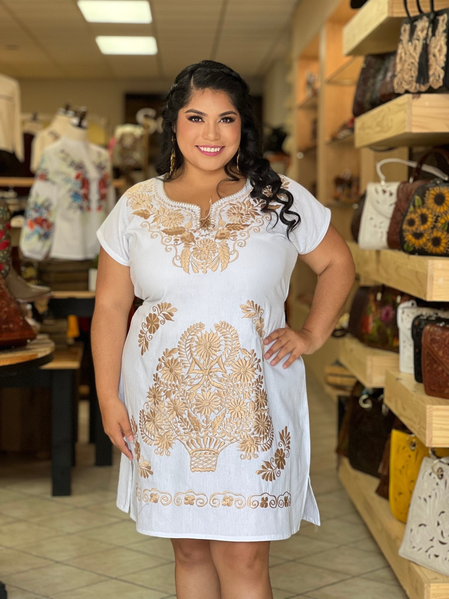 Mexican Golden Embroidered Dress. Vestido Kimono Dorado - Solei Store