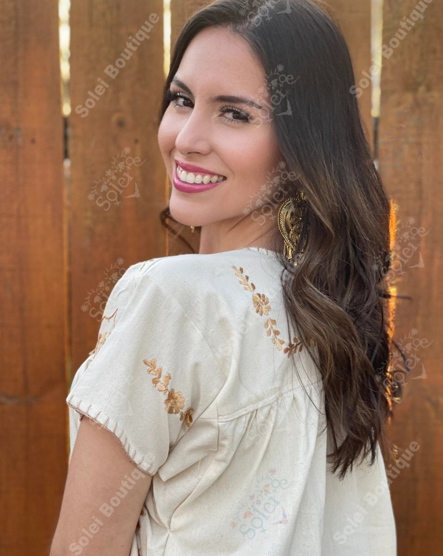 Mexican Golden Embroidered Tunic Blouse. Blusa Toña Dorada. - Solei Store