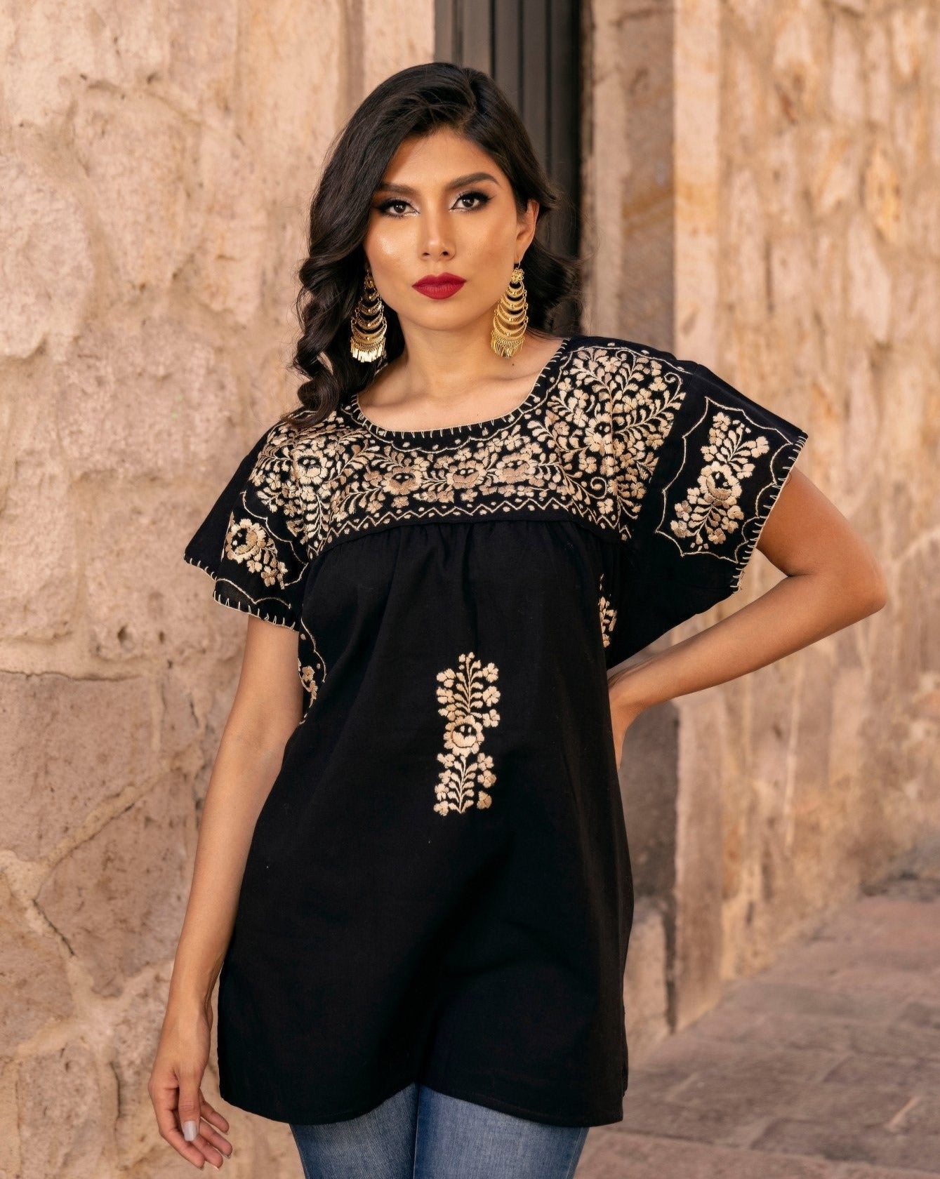 Mexican Golden Embroidered Tunic Blouse. Blusa Toña Dorada. - Solei Store