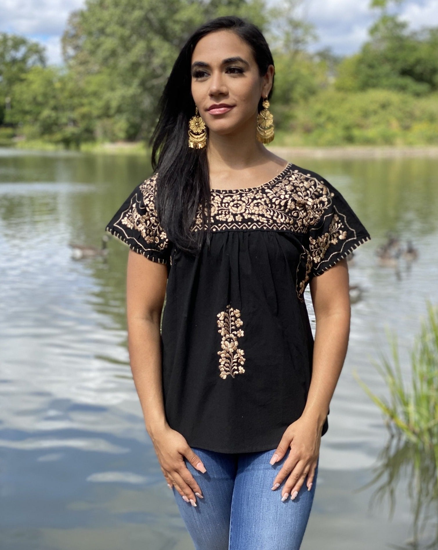Mexican Golden Embroidered Tunic Blouse. Toña Blouse. - Solei Store