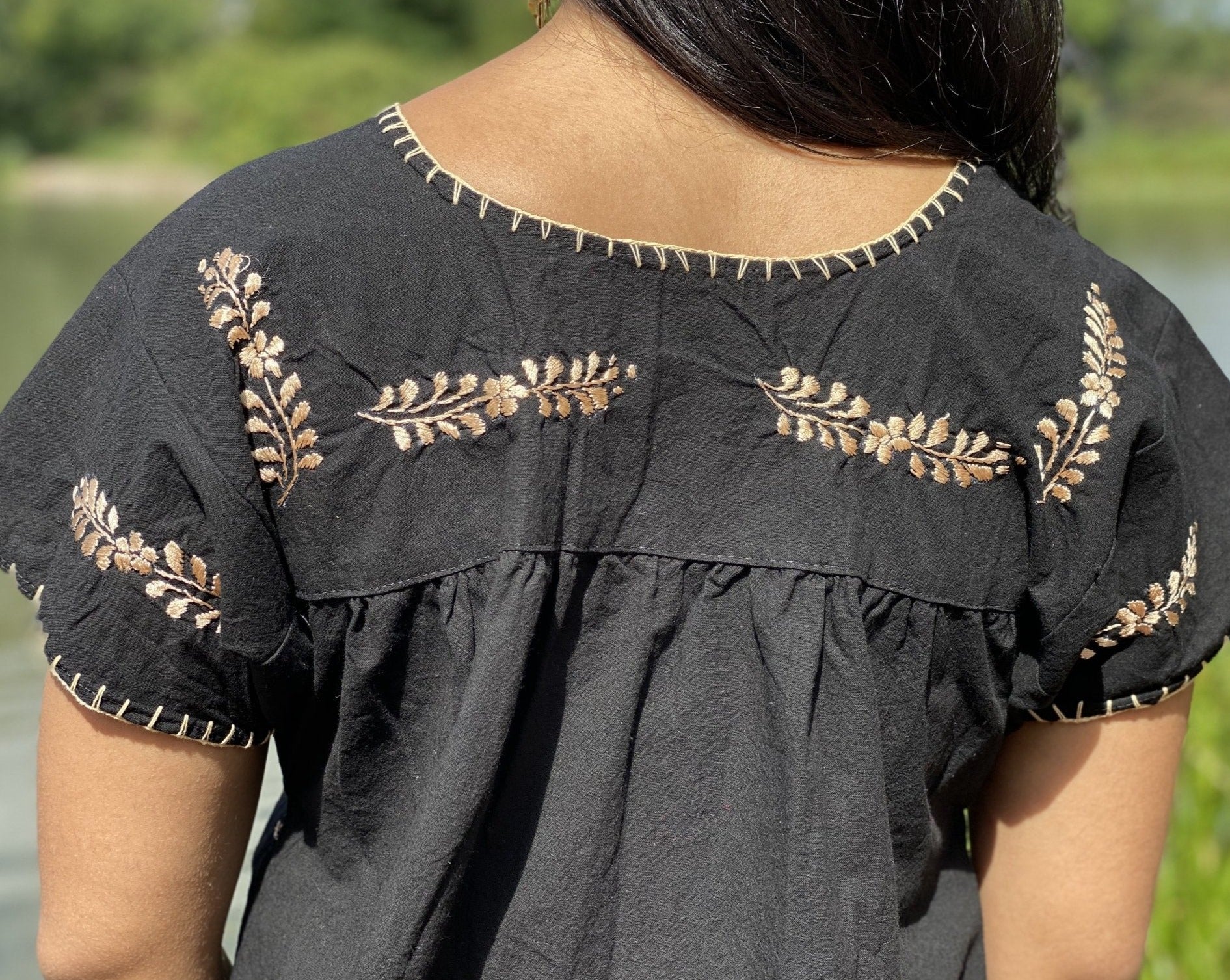 Mexican Golden Embroidered Tunic Blouse. Toña Blouse. - Solei Store