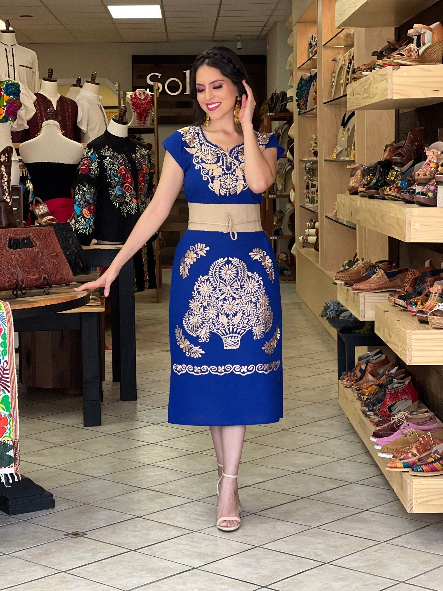 Mexican Golden Floral Embroidered Dress. Long Kimono Dorado Dress - Solei Store