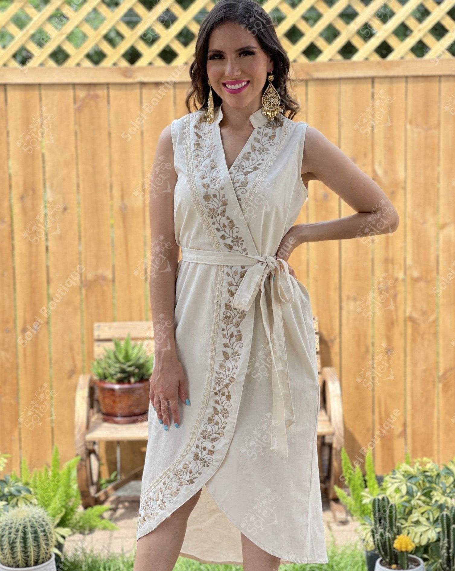 Mexican Golden Hand Embroidered Dress in Beige