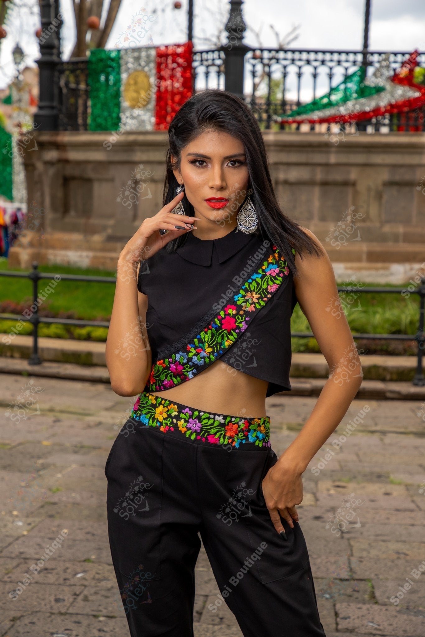 Mexican Hand Embroidered Floral 2 Piece Jumpsuit. Leonora Jumpsuit - Solei Store