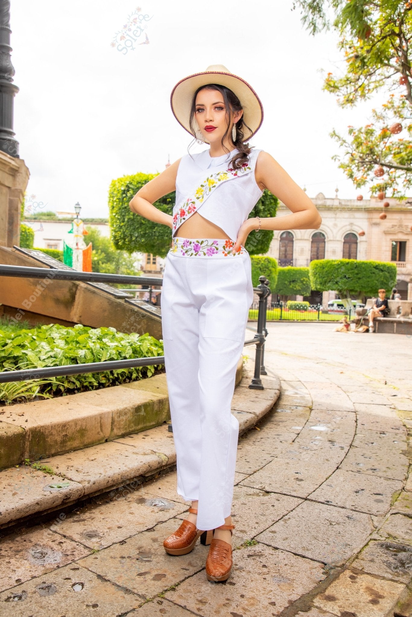 Mexican Hand Embroidered Floral 2 Piece Jumpsuit. Leonora Jumpsuit - Solei Store