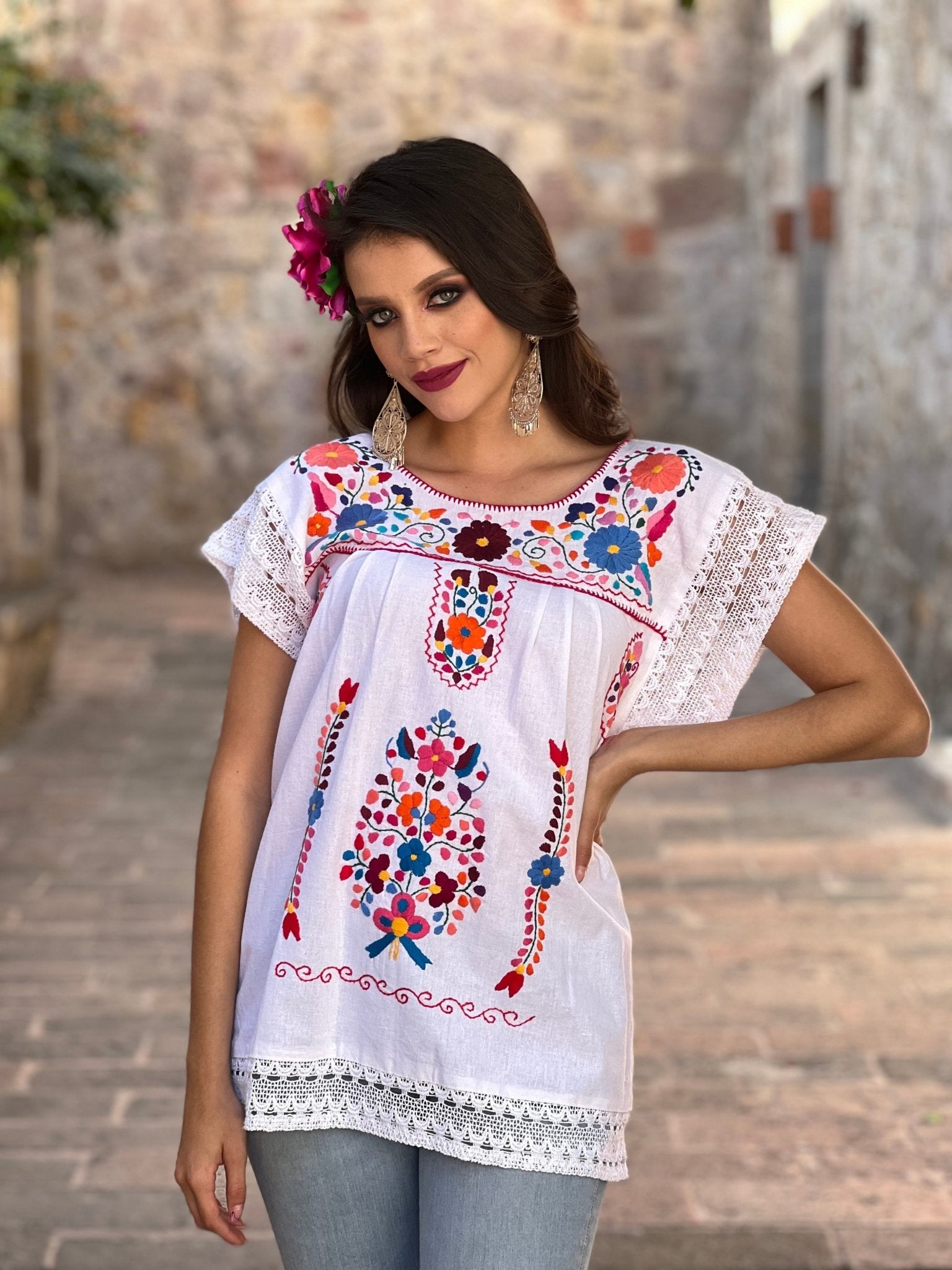 Mexican Hand Embroidered Floral Blouse. Blusa Juanita. - Solei Store