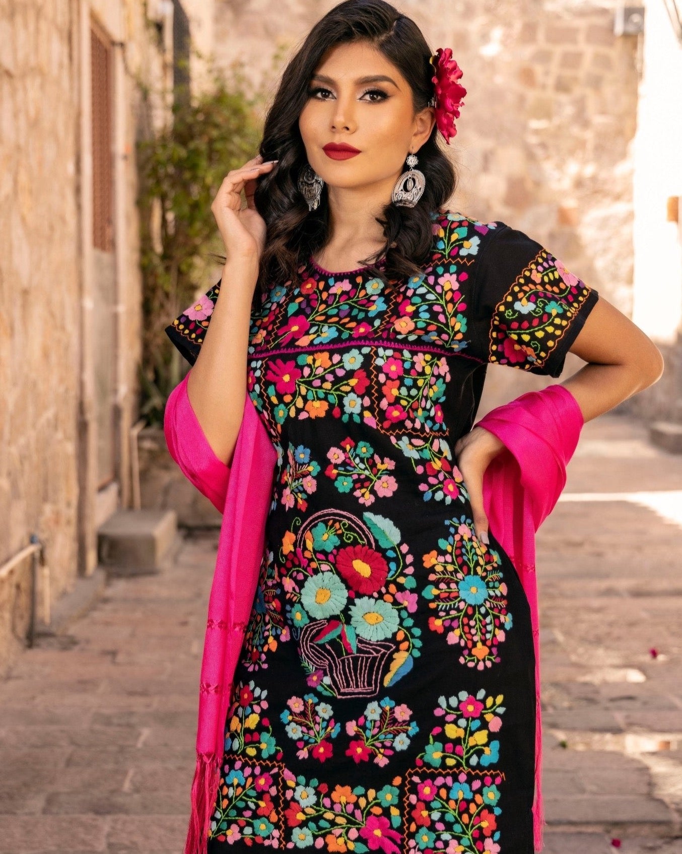 Mexican Hand Embroidered Floral Dress in Black with multicolor embroidery