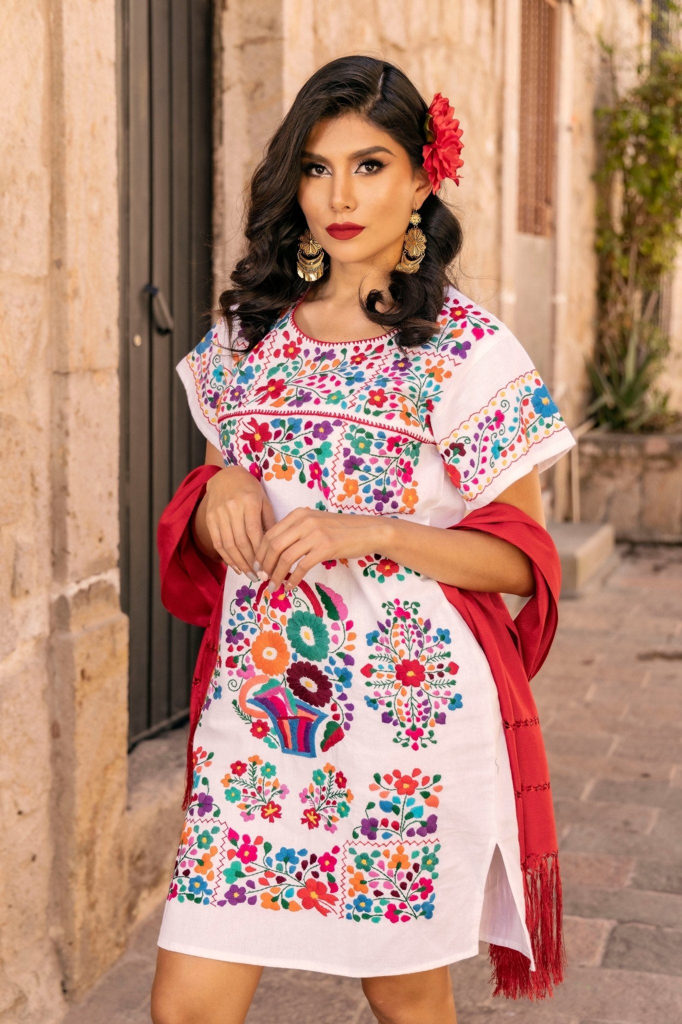 Mexican Hand Embroidered Floral Dress in White with multicolor embroidery.