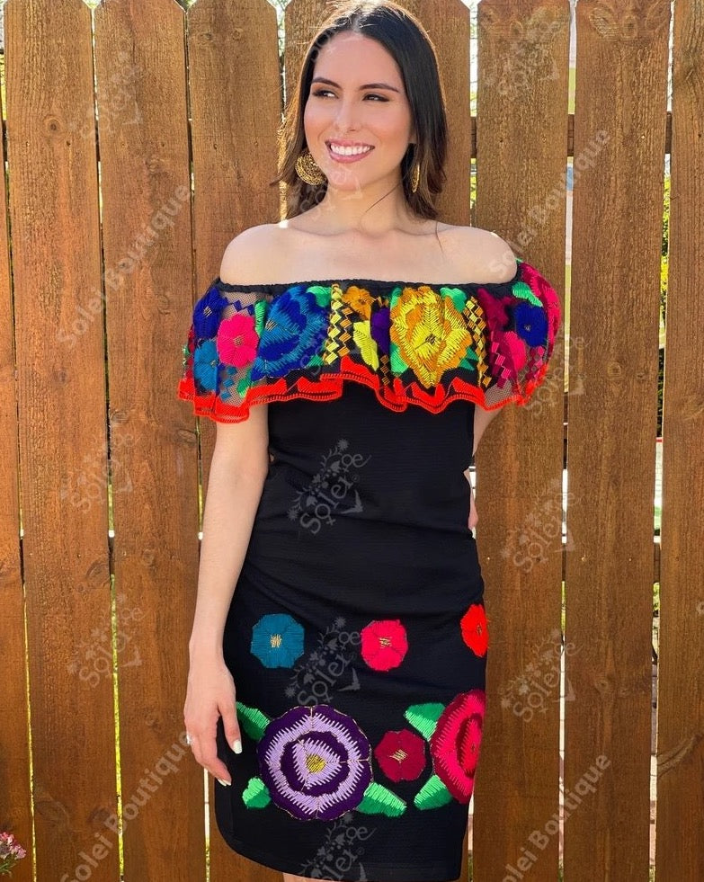 Mexican Hand Embroidered Floral Dress. Vestido Mini Chiapaneco - Solei Store