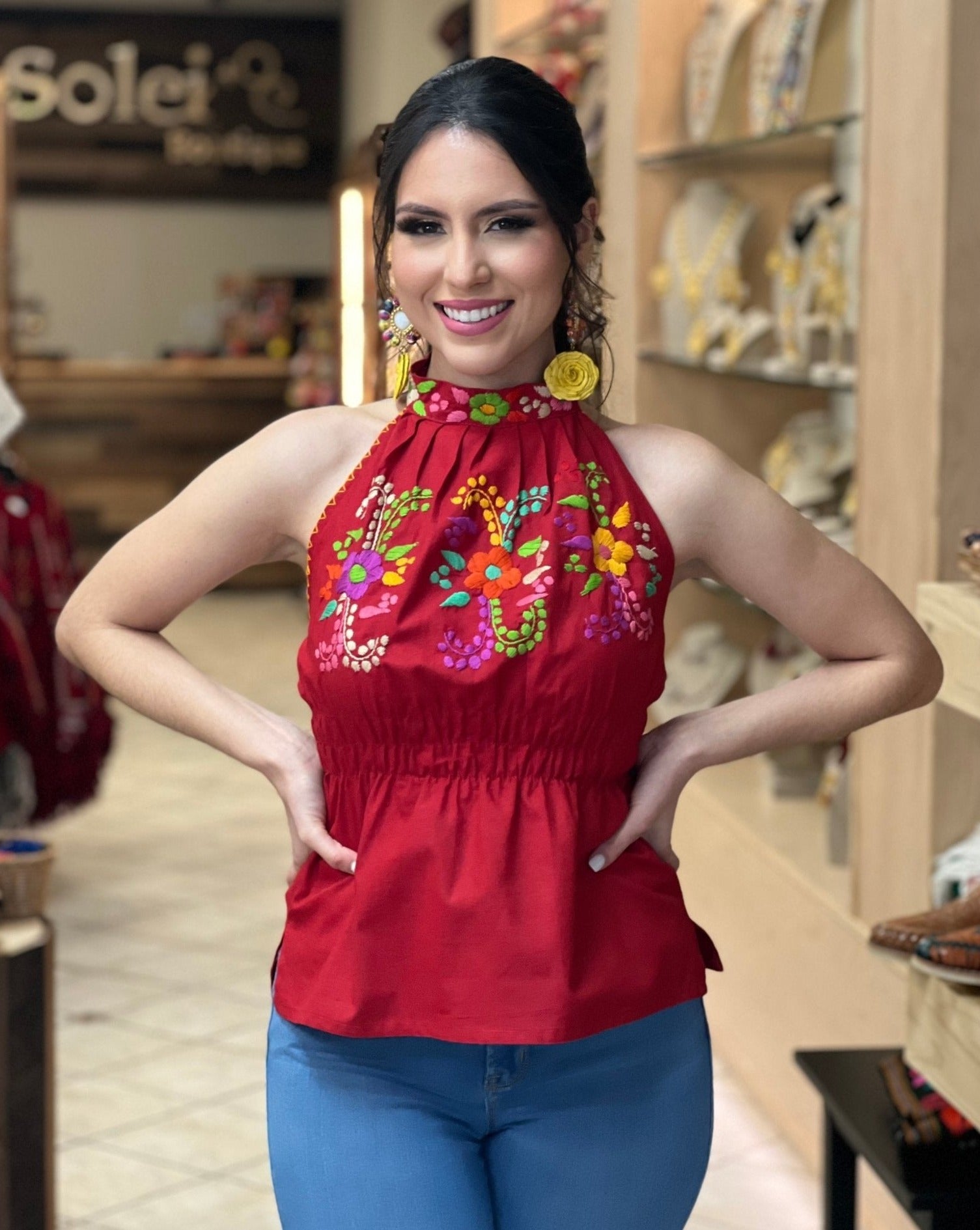 Mexican Hand Embroidered Floral Halter Blouse. Blusa Alondra - Solei Store