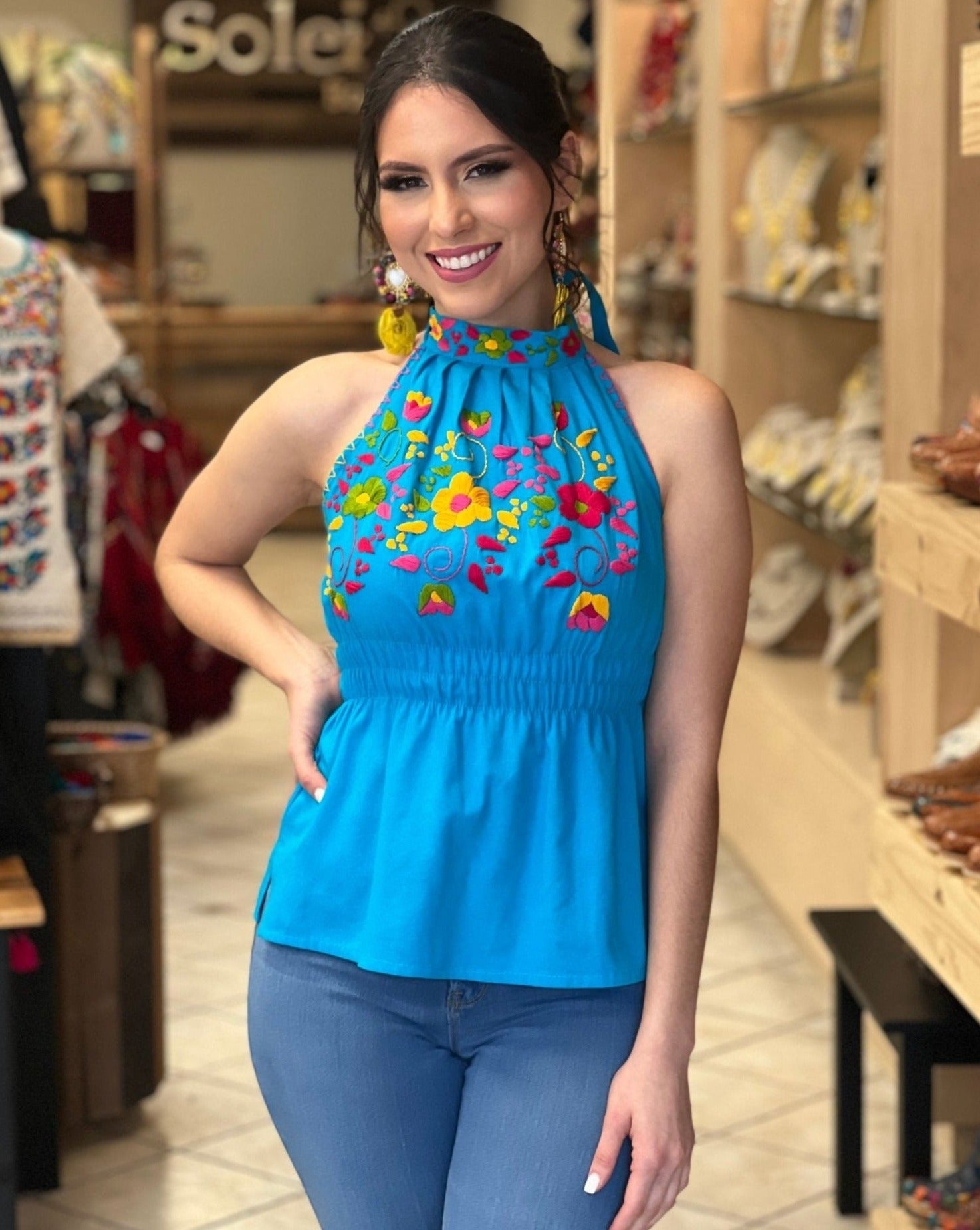 Mexican Hand Embroidered Floral Halter Blouse. Blusa Alondra - Solei Store