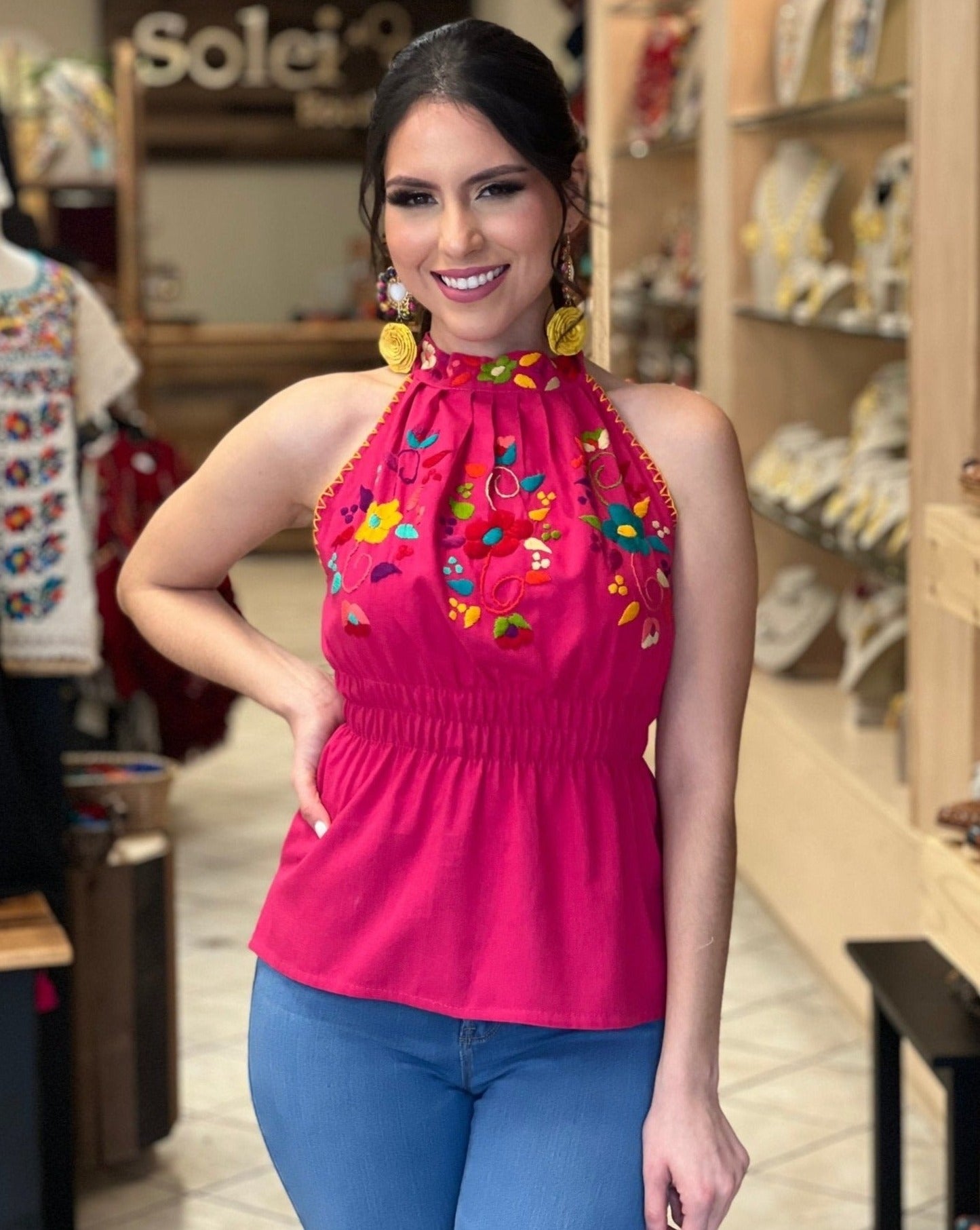 Mexican Hand Embroidered Floral Halter Blouse. Blusa Alondra - Solei Store