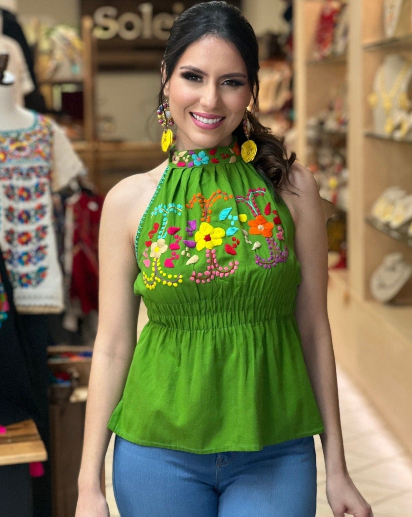 Mexican Hand Embroidered Floral Halter Blouse. Blusa Alondra - Solei Store