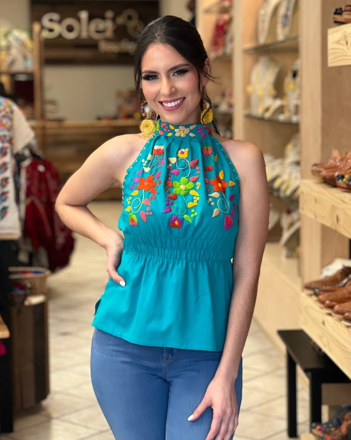 Mexican Hand Embroidered Floral Halter Blouse. Blusa Alondra - Solei Store