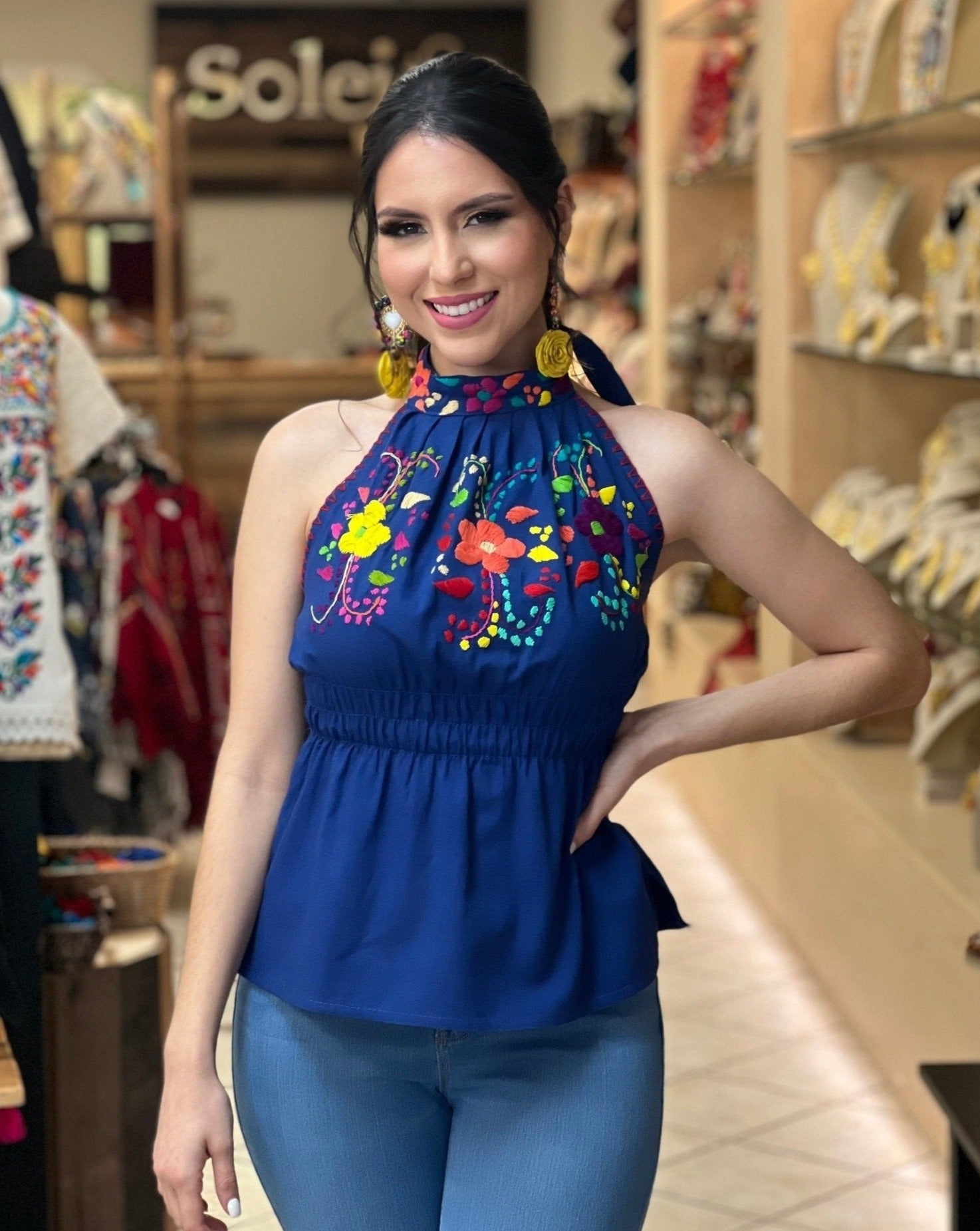 Mexican Hand Embroidered Floral Halter Blouse. Blusa Alondra - Solei Store