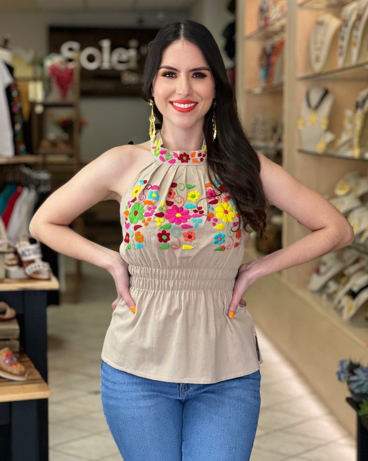 Mexican Hand Embroidered Floral Halter Blouse. Blusa Alondra - Solei Store