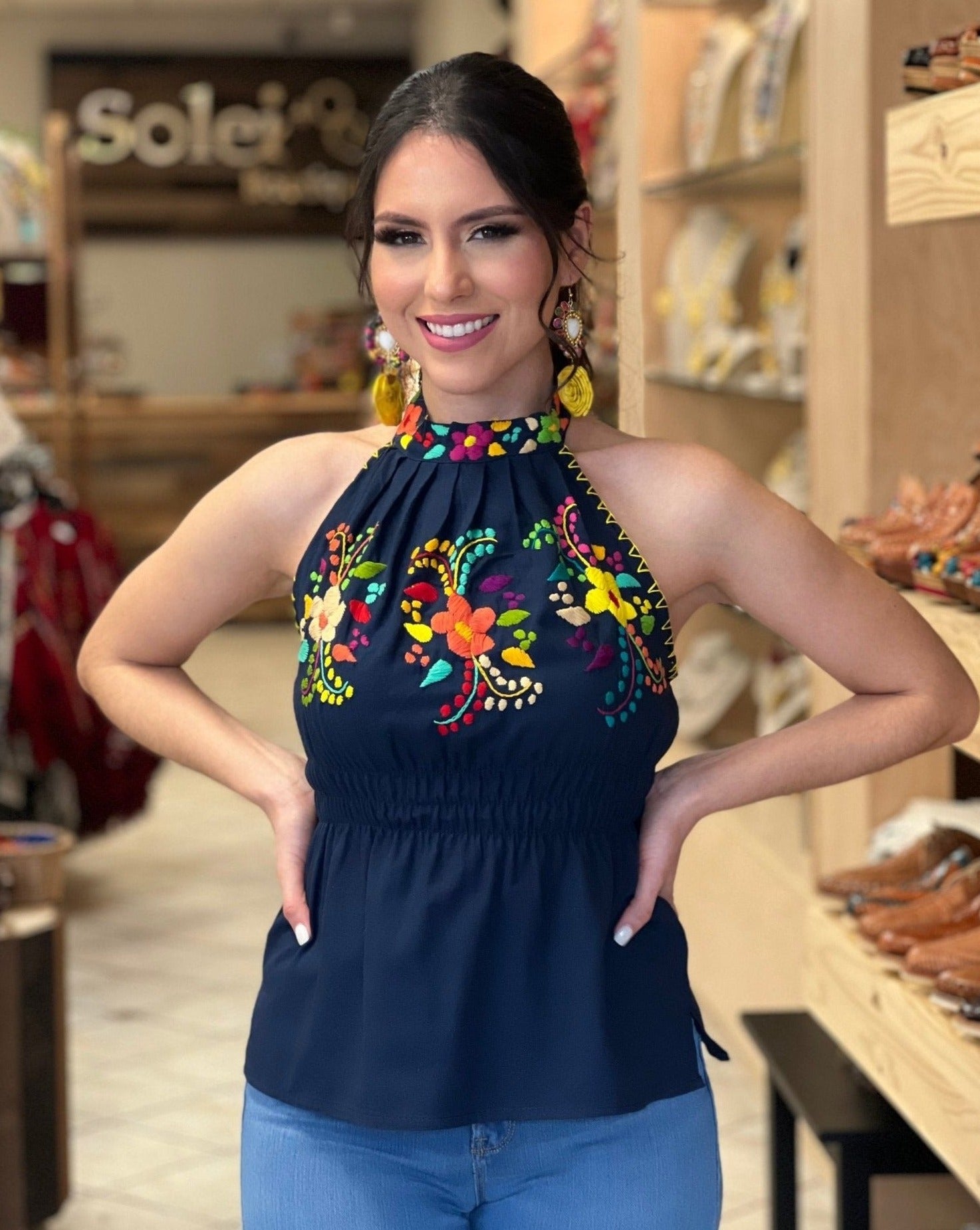 Mexican Hand Embroidered Floral Halter Blouse. Blusa Alondra - Solei Store