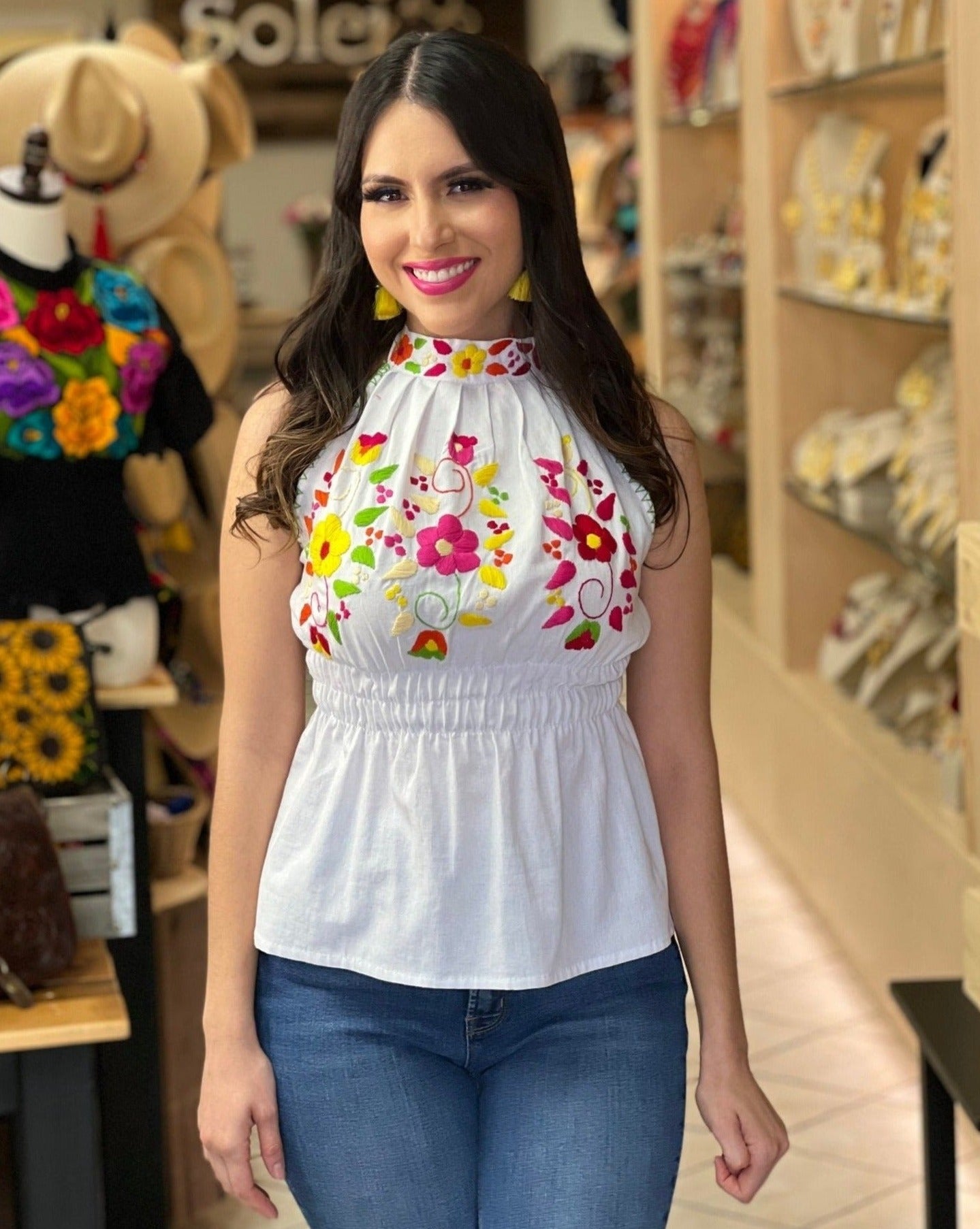 Mexican Hand Embroidered Floral Halter Blouse. Blusa Alondra - Solei Store
