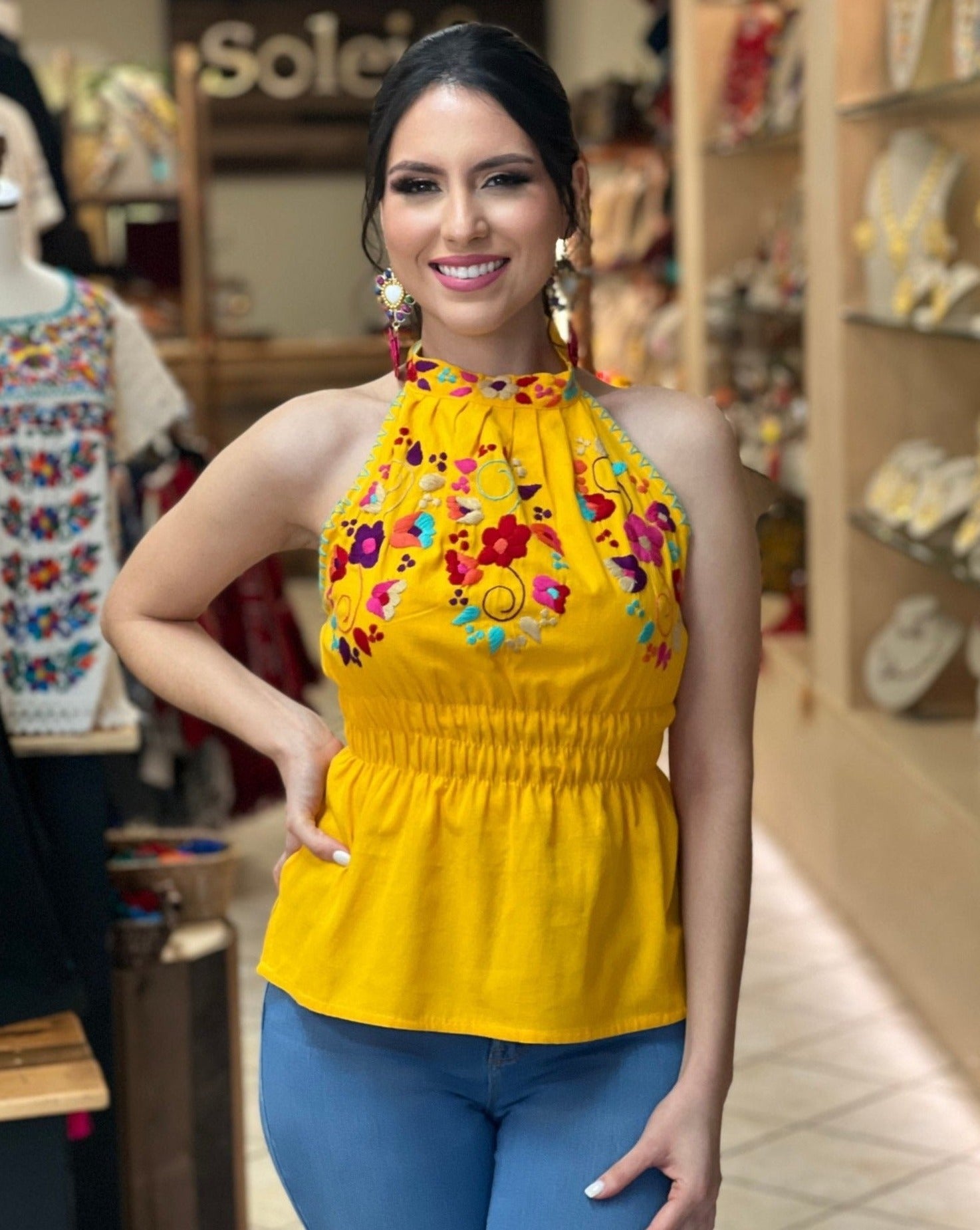 Mexican Hand Embroidered Floral Halter Blouse. Blusa Alondra - Solei Store