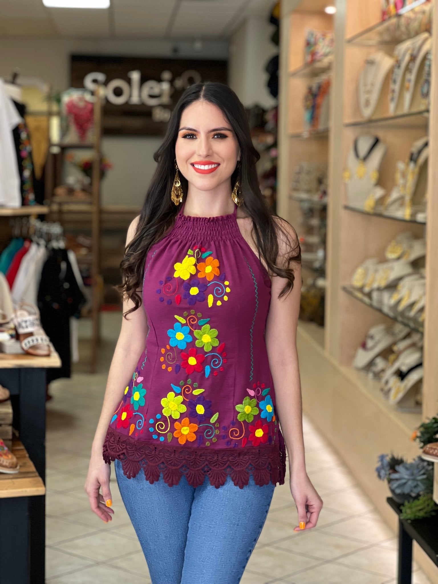 Mexican Hand Embroidered Floral Halter Blouse. Blusa Halter Vanessa - Solei Store