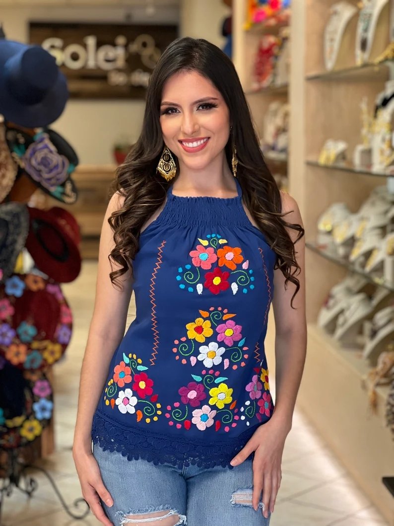 Mexican Hand Embroidered Floral Halter Blouse. Blusa Halter Vanessa - Solei Store