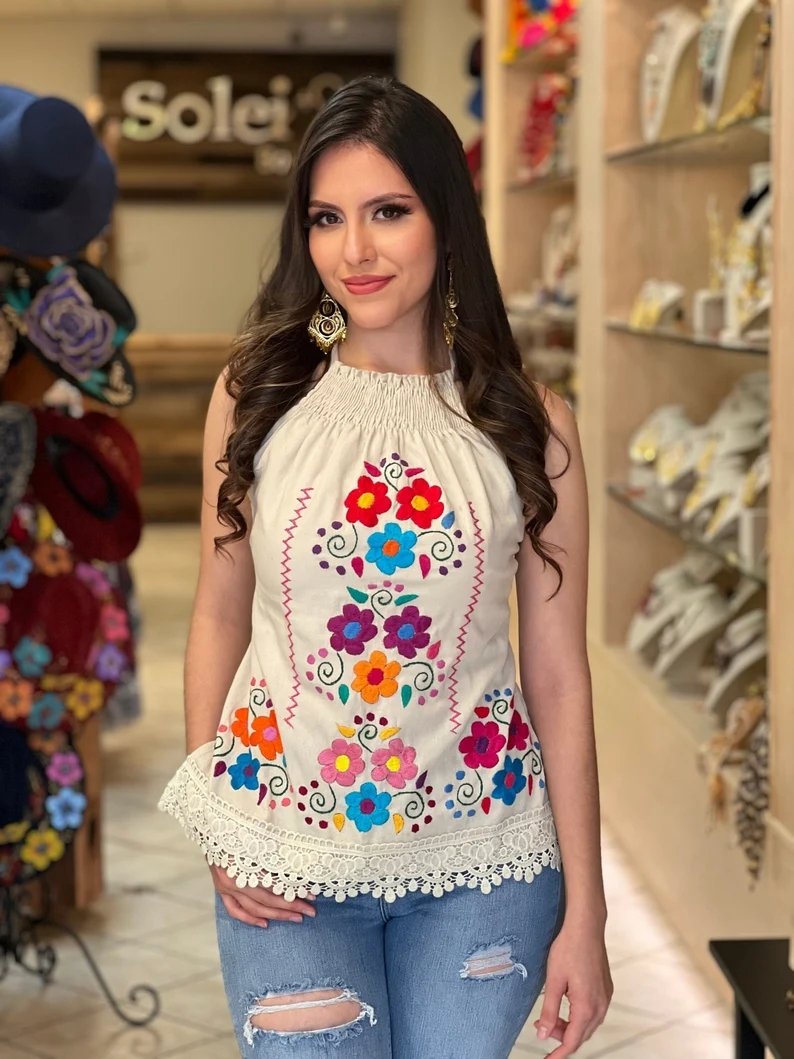 Mexican Hand Embroidered Floral Halter Blouse. Blusa Halter Vanessa - Solei Store