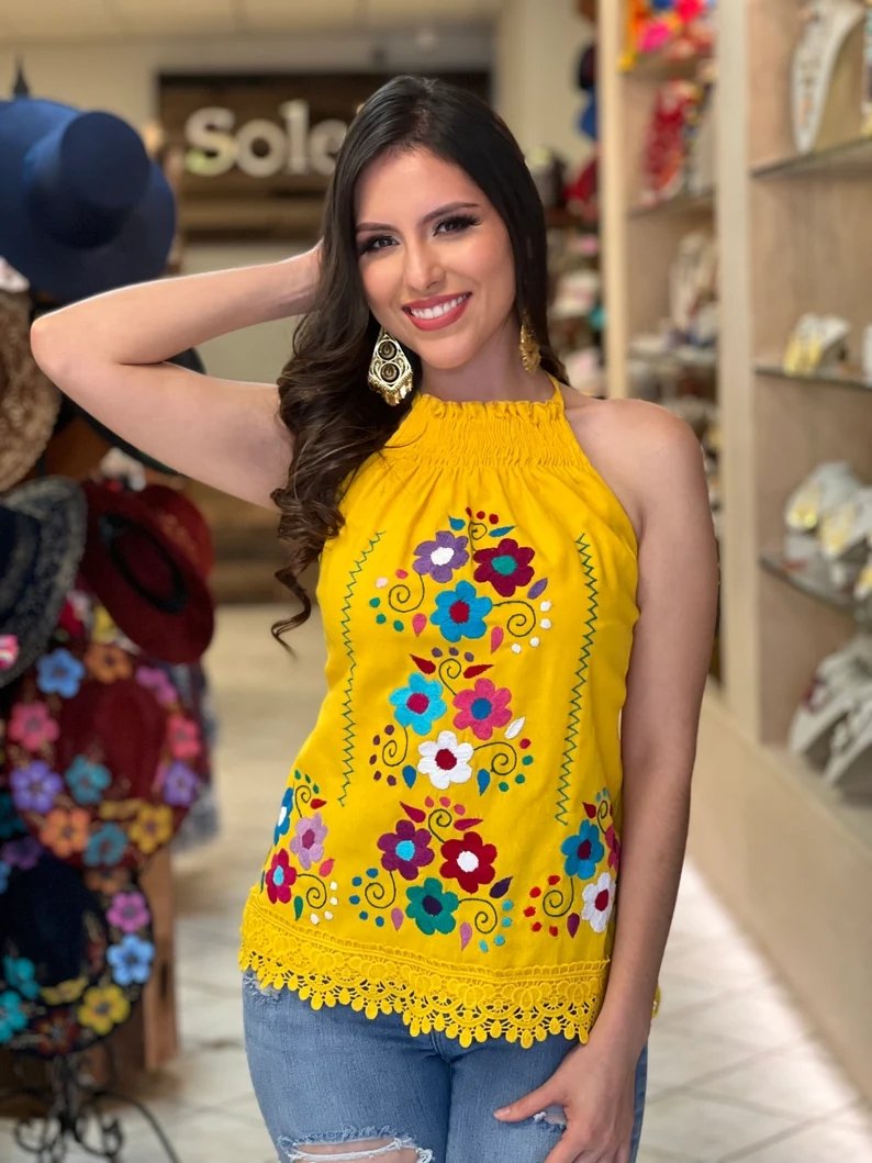 Mexican Hand Embroidered Floral Halter Blouse. Blusa Halter Vanessa - Solei Store