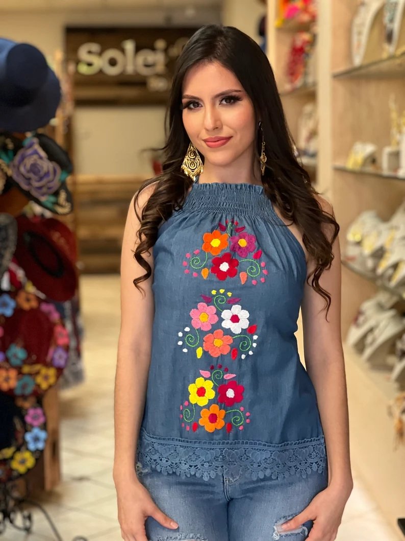 Mexican Hand Embroidered Floral Halter Blouse. Blusa Halter Vanessa - Solei Store