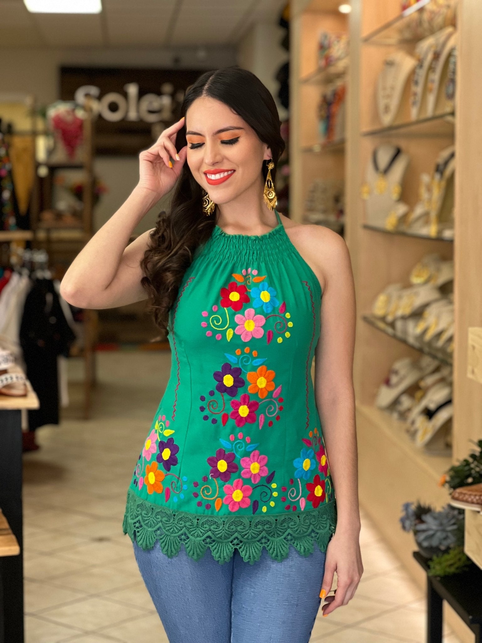 Mexican Hand Embroidered Floral Halter Blouse. Blusa Halter Vanessa - Solei Store